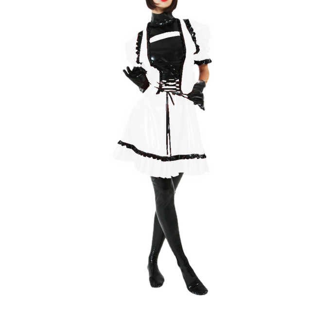 Women PVC Patchwork Short Sleeve Ruffles Mini Dress Faux Latex Puff Sleeve Lace-up Flare Dress High Street Party Sexy Club S-7XL