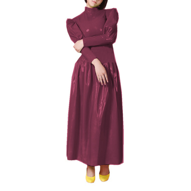 Wetlook PVC Full Sleeve Sheath Maxi Dress Half High Neck Puff Sleeve Flare Long Dress High Street Party Clubwear Vestidos S-7XL
