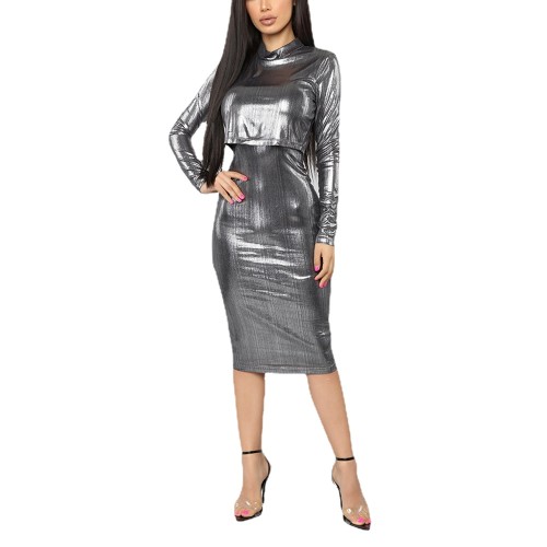 Womens Sexy Shiny Metallic Dress Outfits Long Sleeve Short Top Camisole Sheath Dresses Female High Neck Two Piece Dress Sets