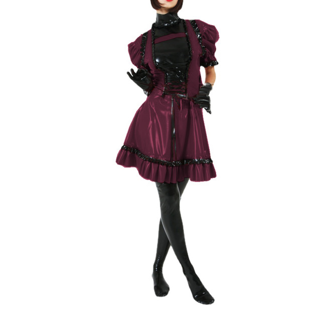 Women PVC Patchwork Short Sleeve Ruffles Mini Dress Faux Latex Puff Sleeve Lace-up Flare Dress High Street Party Sexy Club S-7XL