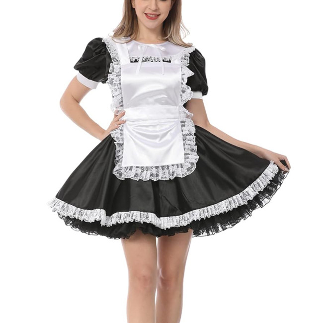 Sweet Satin Cosplay Maid Dresses Lolita Puff Short Sleeve O Neck Mini A-line Dress Sissy Lace Trims Apron French Maid Unifroms