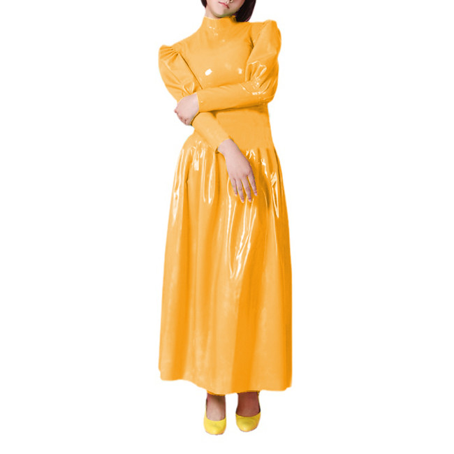 Wetlook PVC Full Sleeve Sheath Maxi Dress Half High Neck Puff Sleeve Flare Long Dress High Street Party Clubwear Vestidos S-7XL