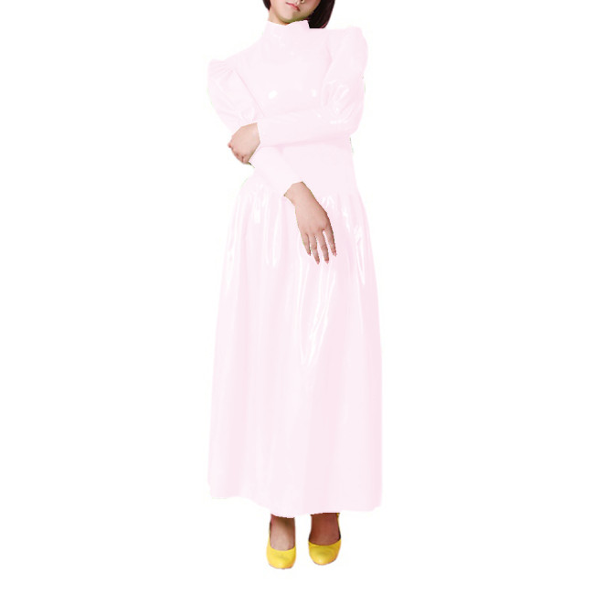 Wetlook PVC Full Sleeve Sheath Maxi Dress Half High Neck Puff Sleeve Flare Long Dress High Street Party Clubwear Vestidos S-7XL
