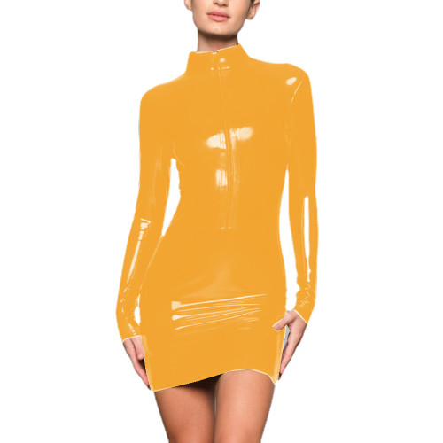 Long Sleeve Sheath Mini Dress Wetlook Vestidos PVC Slim Fit Stand Neck Front Zipper Bodycon Dress Party Club Streetwear S-7XL