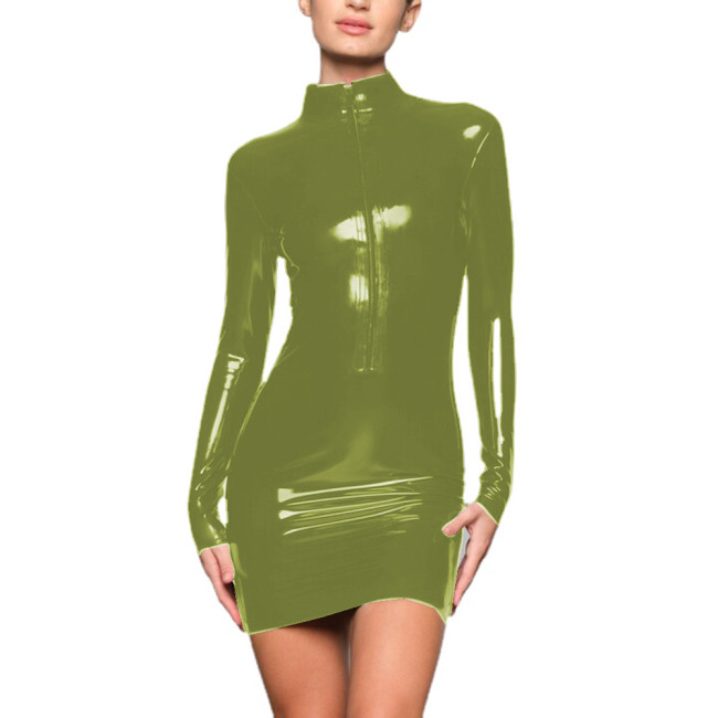 Long Sleeve Sheath Mini Dress Wetlook Vestidos PVC Slim Fit Stand Neck Front Zipper Bodycon Dress Party Club Streetwear S-7XL