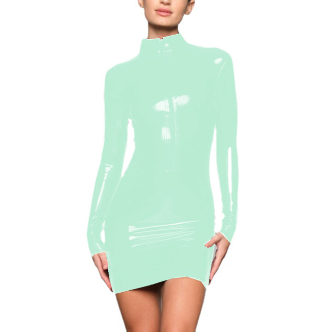 Long Sleeve Sheath Mini Dress Wetlook Vestidos PVC Slim Fit Stand Neck Front Zipper Bodycon Dress Party Club Streetwear S-7XL