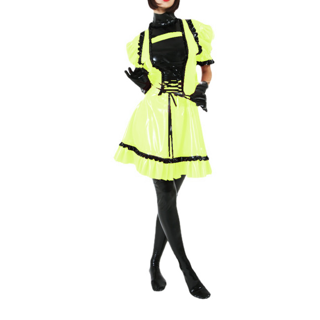 Women PVC Patchwork Short Sleeve Ruffles Mini Dress Faux Latex Puff Sleeve Lace-up Flare Dress High Street Party Sexy Club S-7XL