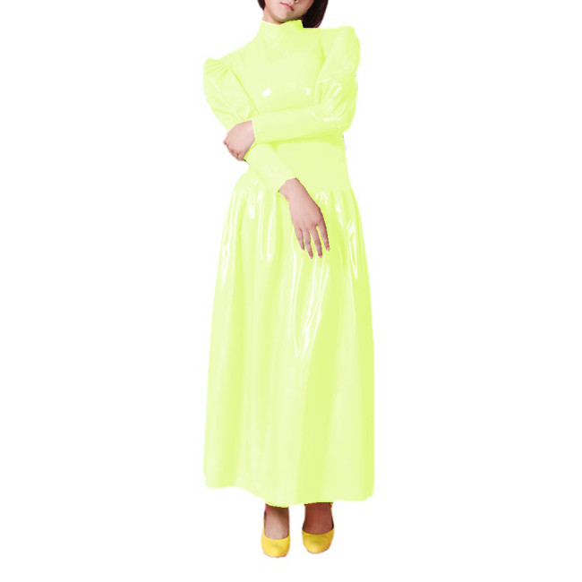 Wetlook PVC Full Sleeve Sheath Maxi Dress Half High Neck Puff Sleeve Flare Long Dress High Street Party Clubwear Vestidos S-7XL