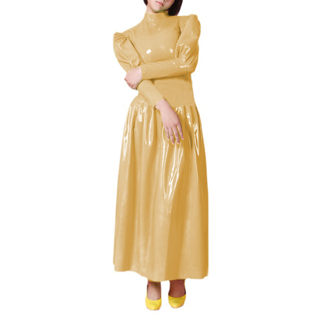 Wetlook PVC Full Sleeve Sheath Maxi Dress Half High Neck Puff Sleeve Flare Long Dress High Street Party Clubwear Vestidos S-7XL