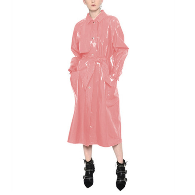 Women Fashion with Belt Vinyl PVC Leather Trench Elegant Chic Turn-down Collar Long Sleeve Pockets Coat Female Wetlook Outerwear