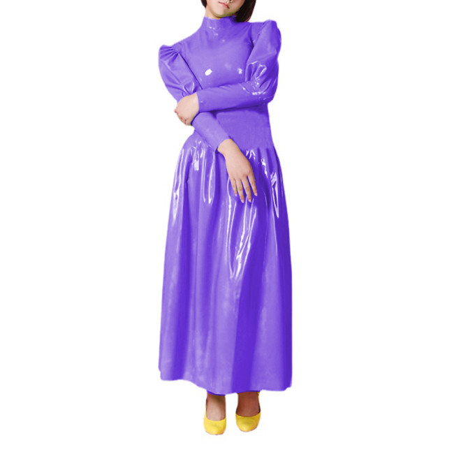 Wetlook PVC Full Sleeve Sheath Maxi Dress Half High Neck Puff Sleeve Flare Long Dress High Street Party Clubwear Vestidos S-7XL