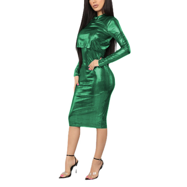 Womens Sexy Shiny Metallic Dress Outfits Long Sleeve Short Top Camisole Sheath Dresses Female High Neck Two Piece Dress Sets