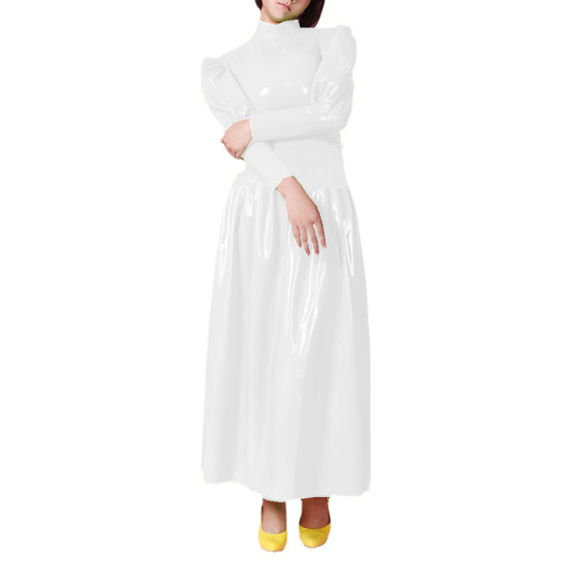 Wetlook PVC Full Sleeve Sheath Maxi Dress Half High Neck Puff Sleeve Flare Long Dress High Street Party Clubwear Vestidos S-7XL