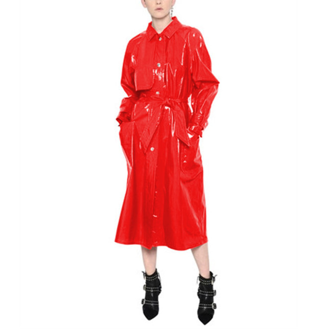 Women Fashion with Belt Vinyl PVC Leather Trench Elegant Chic Turn-down Collar Long Sleeve Pockets Coat Female Wetlook Outerwear