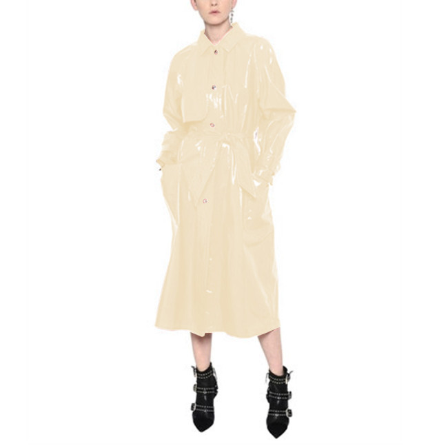 Women Fashion with Belt Vinyl PVC Leather Trench Elegant Chic Turn-down Collar Long Sleeve Pockets Coat Female Wetlook Outerwear