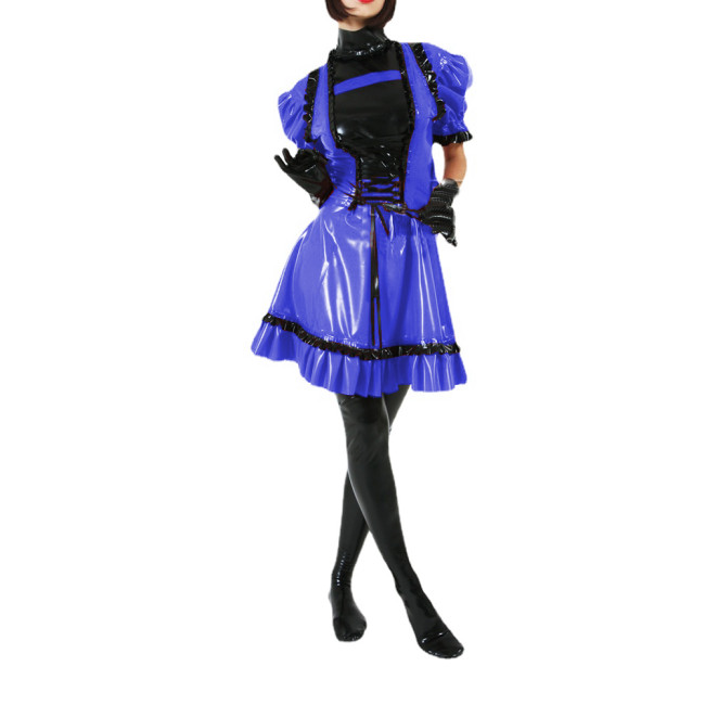 Women PVC Patchwork Short Sleeve Ruffles Mini Dress Faux Latex Puff Sleeve Lace-up Flare Dress High Street Party Sexy Club S-7XL