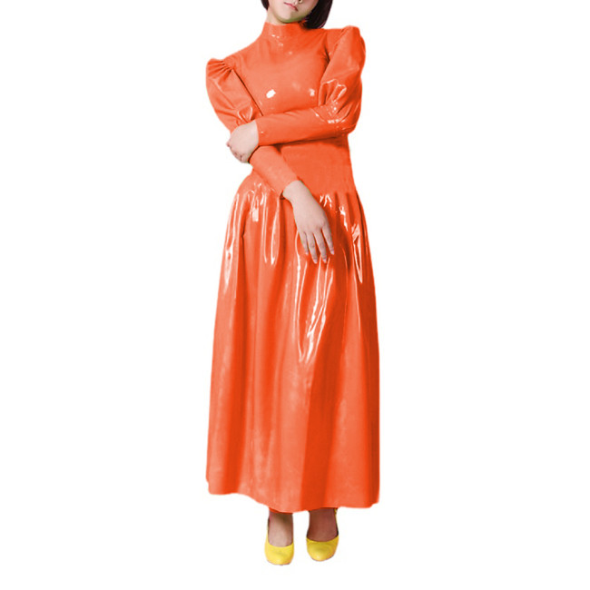 Wetlook PVC Full Sleeve Sheath Maxi Dress Half High Neck Puff Sleeve Flare Long Dress High Street Party Clubwear Vestidos S-7XL