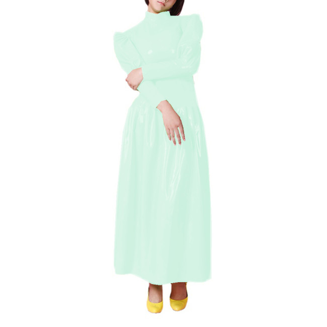 Wetlook PVC Full Sleeve Sheath Maxi Dress Half High Neck Puff Sleeve Flare Long Dress High Street Party Clubwear Vestidos S-7XL
