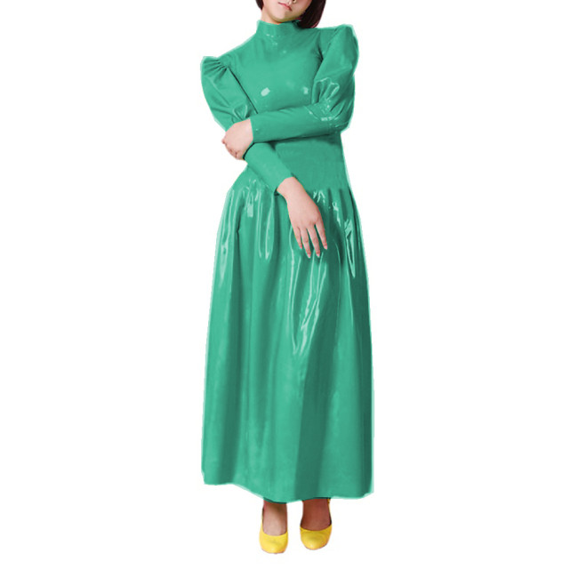 Wetlook PVC Full Sleeve Sheath Maxi Dress Half High Neck Puff Sleeve Flare Long Dress High Street Party Clubwear Vestidos S-7XL