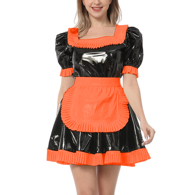 Ruffles Sissy Maid Square Neckline Shiny PVC Pleated Mini Dress Halloween Party Crossdress Uniform Short Sleeve Maid Outfits 7XL