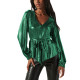 Sexy V-neck Shiny Metallic Ruffle T-shirts Womens Blouse Autumn Long Sleeve Belt A-Line Tops Office Ladies Peplum Slim Tops