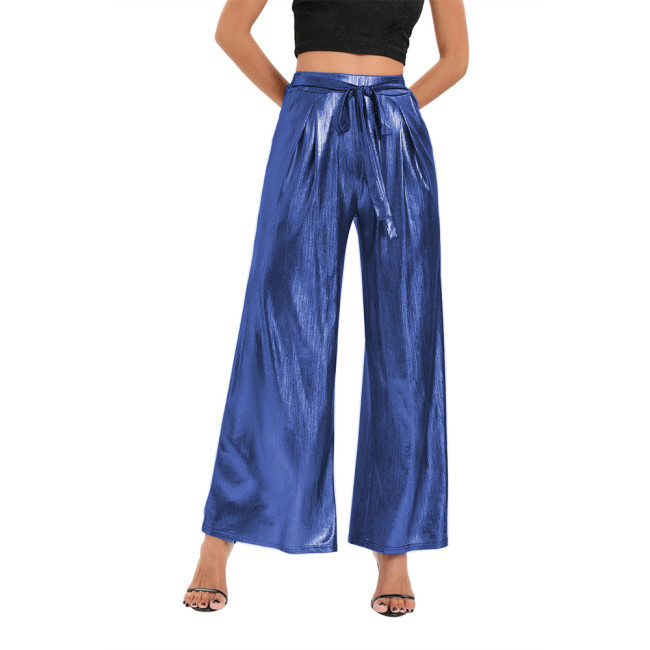 Fashion Ladies Streetwear Shiny Metallic High Waist Flare Pants Female Ankle-Length Baggy Wide Leg Trousers Vinyl Clubwear 7XL