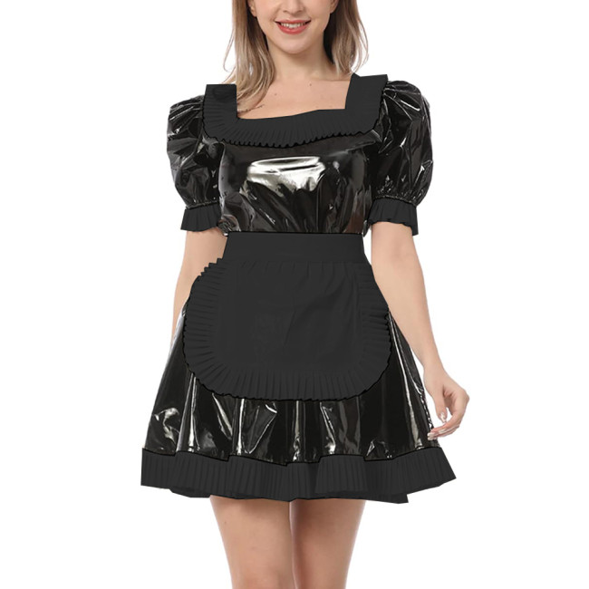 Ruffles Sissy Maid Square Neckline Shiny PVC Pleated Mini Dress Halloween Party Crossdress Uniform Short Sleeve Maid Outfits 7XL