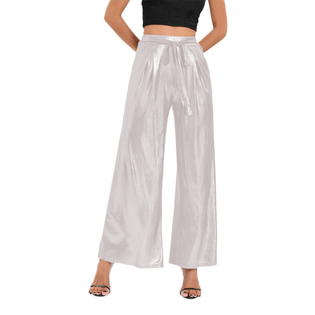 Fashion Ladies Streetwear Shiny Metallic High Waist Flare Pants Female Ankle-Length Baggy Wide Leg Trousers Vinyl Clubwear 7XL