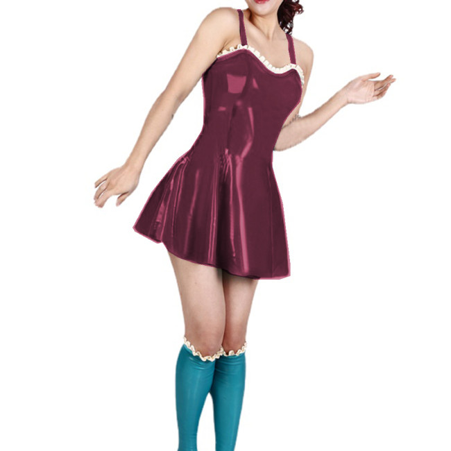 Sexy Novelty Women PVC Strap Cami Sheath Mini Dress Fetish Lingerie Costume Women Ruffles Hem A-line Dress Party Clubwear S-7XL