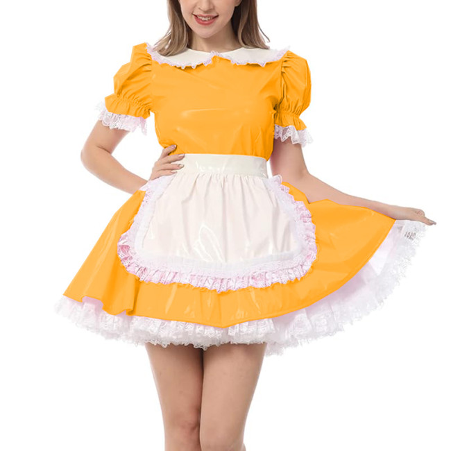 Party Puff Short Sleeve Pleated Maid Dress with Apron Shiny PVC Leather Halloween Cosplay Maid Uniform Sissy Exotic Maid Outfits