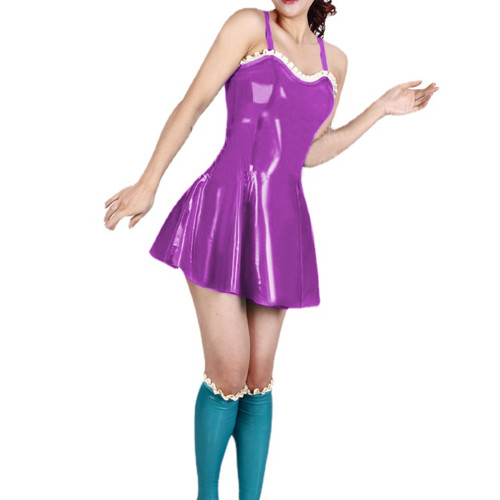 Sexy Novelty Women PVC Strap Cami Sheath Mini Dress Fetish Lingerie Costume Women Ruffles Hem A-line Dress Party Clubwear S-7XL