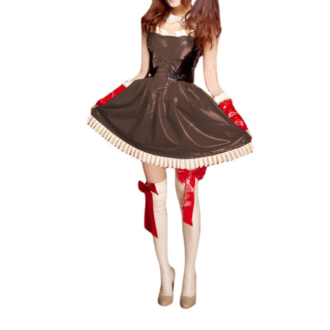Unisex Sweet Patchwork PVC Bowknot Strap Cami Sleeveless Dress Ruffles Sweetheart Flare Mini Dress Costume Outfits Uniform S-7XL