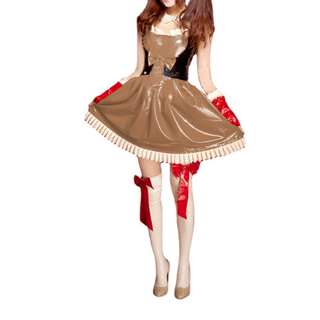 Unisex Sweet Patchwork PVC Bowknot Strap Cami Sleeveless Dress Ruffles Sweetheart Flare Mini Dress Costume Outfits Uniform S-7XL