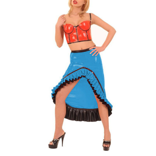 Sexy Ruffles Gothic Faux PVC Leather Midi Skirts Woman Empire Waist Zipper Retro Pole Dance Skirts Irregular Club Slim Skirts