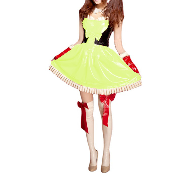 Unisex Sweet Patchwork PVC Bowknot Strap Cami Sleeveless Dress Ruffles Sweetheart Flare Mini Dress Costume Outfits Uniform S-7XL