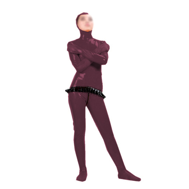 Wetlook PVC Women Long Sleeve Full Bag Foot Pants Skinny Slim Fit Catsuits Zip-up Crotch Ruffles Jumpsuits Party Clubwear S-7XL