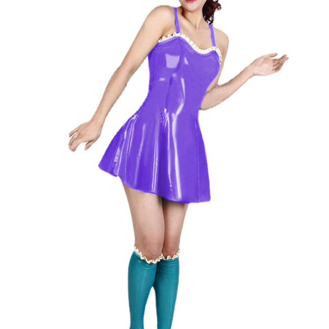 Sexy Novelty Women PVC Strap Cami Sheath Mini Dress Fetish Lingerie Costume Women Ruffles Hem A-line Dress Party Clubwear S-7XL