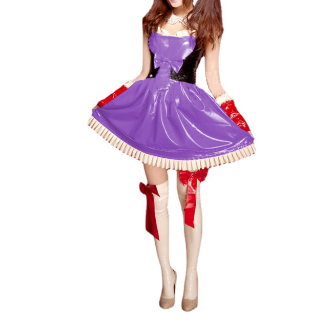 Unisex Sweet Patchwork PVC Bowknot Strap Cami Sleeveless Dress Ruffles Sweetheart Flare Mini Dress Costume Outfits Uniform S-7XL