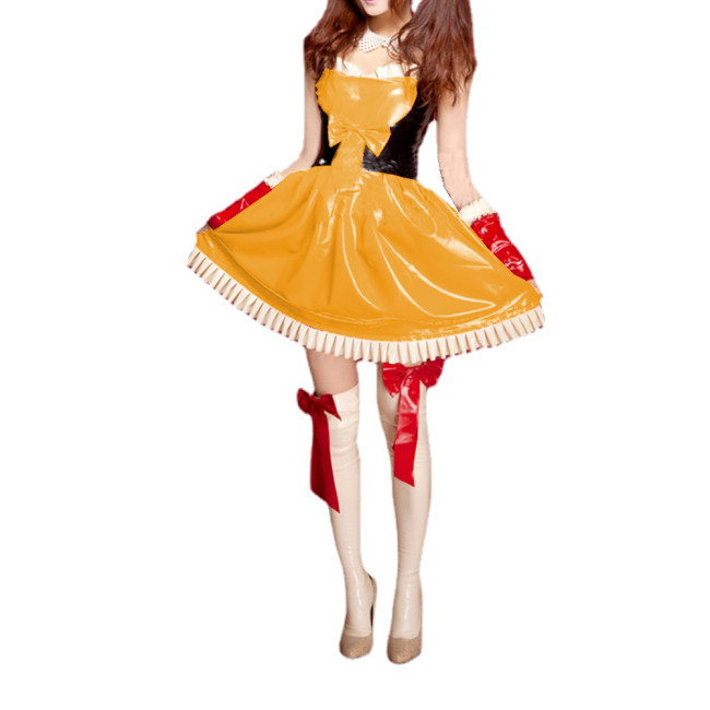 Unisex Sweet Patchwork PVC Bowknot Strap Cami Sleeveless Dress Ruffles Sweetheart Flare Mini Dress Costume Outfits Uniform S-7XL