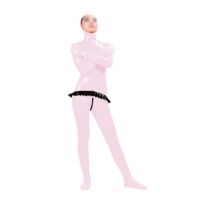 Wetlook PVC Women Long Sleeve Full Bag Foot Pants Skinny Slim Fit Catsuits Zip-up Crotch Ruffles Jumpsuits Party Clubwear S-7XL