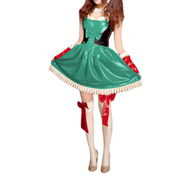 Unisex Sweet Patchwork PVC Bowknot Strap Cami Sleeveless Dress Ruffles Sweetheart Flare Mini Dress Costume Outfits Uniform S-7XL