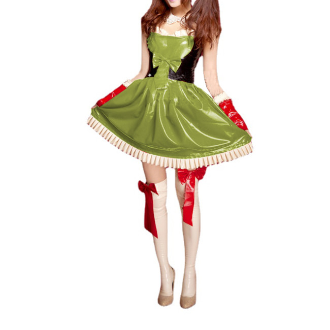 Unisex Sweet Patchwork PVC Bowknot Strap Cami Sleeveless Dress Ruffles Sweetheart Flare Mini Dress Costume Outfits Uniform S-7XL