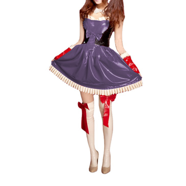 Unisex Sweet Patchwork PVC Bowknot Strap Cami Sleeveless Dress Ruffles Sweetheart Flare Mini Dress Costume Outfits Uniform S-7XL