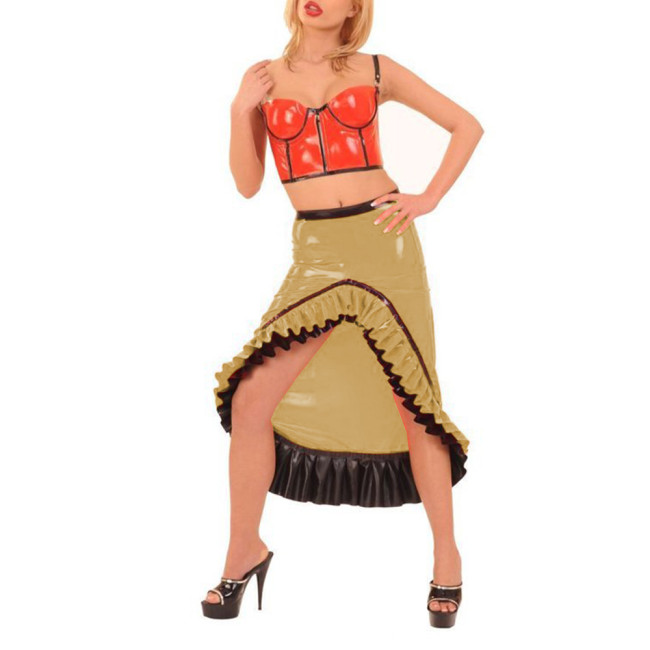 Sexy Ruffles Gothic Faux PVC Leather Midi Skirts Woman Empire Waist Zipper Retro Pole Dance Skirts Irregular Club Slim Skirts