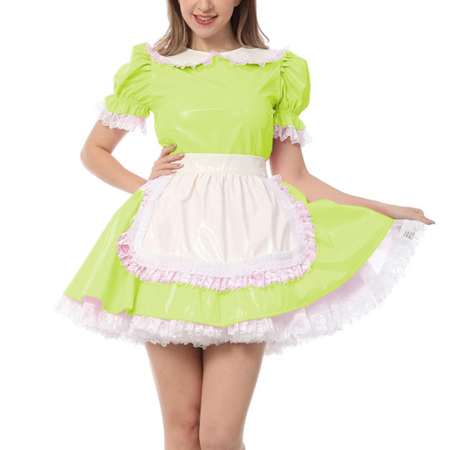 Party Puff Short Sleeve Pleated Maid Dress with Apron Shiny PVC Leather Halloween Cosplay Maid Uniform Sissy Exotic Maid Outfits