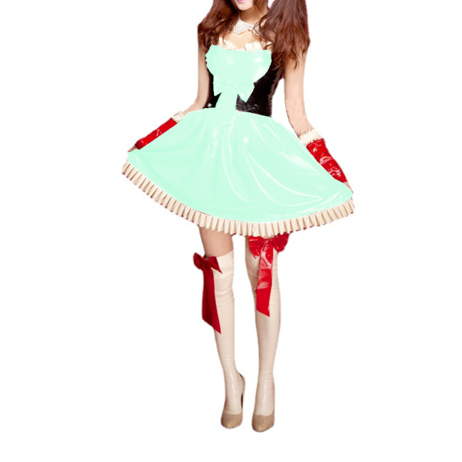 Unisex Sweet Patchwork PVC Bowknot Strap Cami Sleeveless Dress Ruffles Sweetheart Flare Mini Dress Costume Outfits Uniform S-7XL