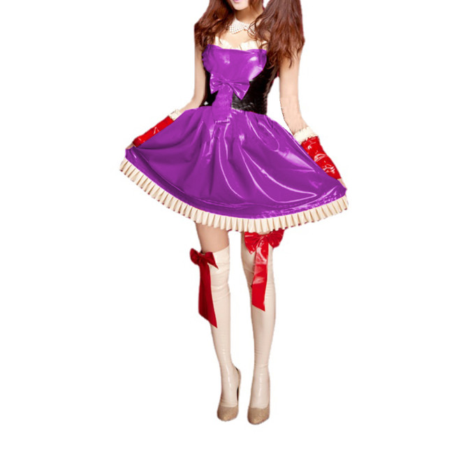 Unisex Sweet Patchwork PVC Bowknot Strap Cami Sleeveless Dress Ruffles Sweetheart Flare Mini Dress Costume Outfits Uniform S-7XL