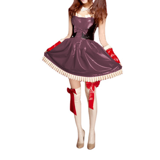 Unisex Sweet Patchwork PVC Bowknot Strap Cami Sleeveless Dress Ruffles Sweetheart Flare Mini Dress Costume Outfits Uniform S-7XL