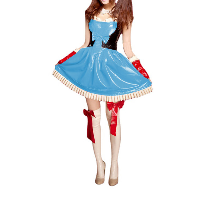 Unisex Sweet Patchwork PVC Bowknot Strap Cami Sleeveless Dress Ruffles Sweetheart Flare Mini Dress Costume Outfits Uniform S-7XL