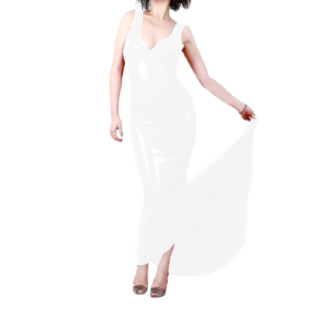 Glossy PVC Sexy Women Tank V Neck Bodycon Long Dress Faux Latex Sleeveless Skinny Floor Length Dress Grown Banquet Party Club